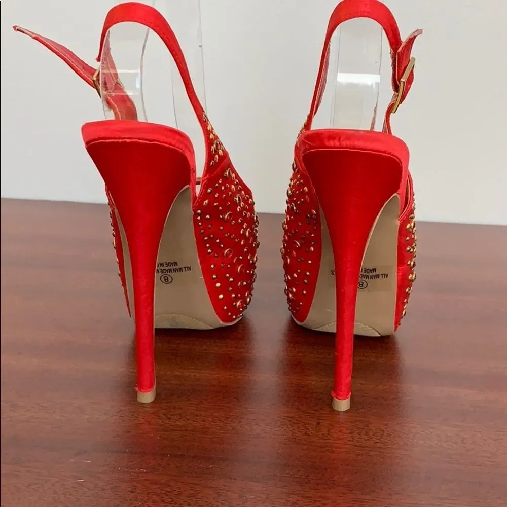 Liliana , Red Jeweled Silk Platform Shoe